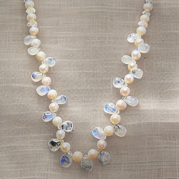 Hand Made Moonstone Pearl Statement Necklace - Picture 3 of 13